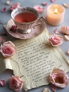 This image features a teacup sitting on a love lwtter with scattered flowers and a candle