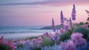 This image features Beautiful purple and pink flowers by the shore, with a cotton candy sly above. - Pretty Aesthetic Desktop Backgrounds