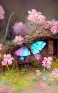 This image features an Elf House with Pink, Blue and Purple flowers