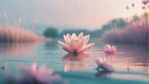 Prertty Aesthetic Wallpapers - This imageg features a Pink Water Lily floating on light blue water, with smaller flowers nearby and tall grass along the sides of the water.