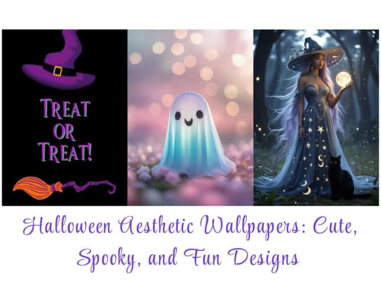 Halloween Aesthetic Wallpapers: Cute, Spooky, and Fun Designs - This image is the Featured image for the post. It includes images of a gghost, a witch and the quote, Trick or Treat, with a purple Witches hat above and a witches broom below.