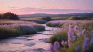 This image features a  Lavender landscape with stream in the middle - Pretty Aesthetic Desktop Backgrounds