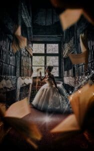 This. image features Princess Bride wearing a white dress and looking out the window in a Magical Library.