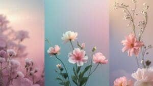 This wallpaper image features three unique types of flowers evenly divided in the space of the wallpaper, The primary. colors are pink and blue.