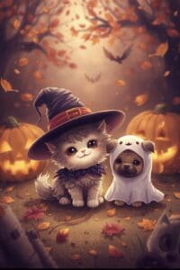 This painted image features a cute kitten dressed as a witch and a puppy wearing a ghost costume with two large carved pumpkins in the background and autumn leaves falling all around.