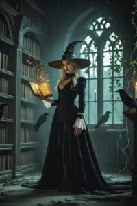 This image is of a mysterious witch standing in an old library lit by flickering candlelight.  