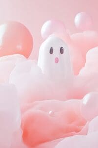 This image features a cute white ghost with a pink balloons behind it and soft pink and white cloud shapes all around it.
