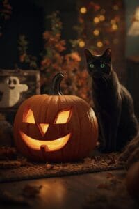 This image features a Beautiful Black Cat next to carved Jack O’ Lantern with soft lights and a ghost decoration in the background.