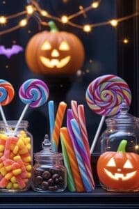 This image features carved pumpkins, lollipops, and candy corns in a jar, in a store window. There are pretty orange string lights hanging above in the back. 
