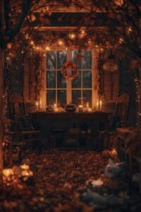 This image features a Cozy Halloween Home Decor Scene with candles and string lights, plus autumn leaves everywhere and pumpkins sprinkled throughout the area. 