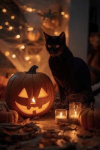 This image features a black cat sitting next to a lighted jack o’lantern with candles on the ground in front anf bokeh string lights in the back. 