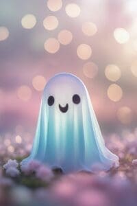 This image features a cute ghost in blue and pink with a soft pink bokeh background 
