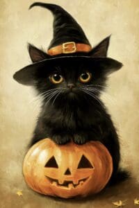 Cute black kitten wearing a tall witch’s hat with it’s paws propped on a carved pumpkins in front of a beige background.
