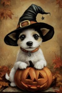 This image features a cute Jack Russell Terrier wearing a witch’s hat with his paws sitting on a carved pumpkin. Halloween Aesthetic Wallpapers