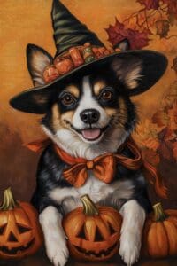Thiscartoon image features a Cute Dog wearing a witch’s hat and holding a carved pumpkin. 