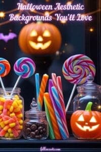 This image is a Pinterest Pin which features Carved Pumpkins, Lollipops, and Candy Corns, and the phrase, “ Halloween Aesthetic Backgrounds You’ll Love.