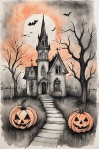 This image is of a Haunted House Sketch with two pumpkins on the path in front.