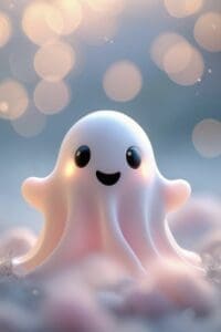 This image features a claymation style happy ghost with a blue and pink bokeh background