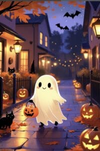 This Ai generated image features a cute ghost trick or treating at night on a Halloween decorated street holding a pumpkin bucket for candy. The image is painted like a cartoon. 
