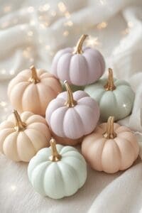 This image features miniature pumpkins in soft pastel colors of peach, purple, mint and beige on a white background with gold and silver bokeh effects.