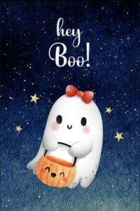 This image features a girl ghost with a red bow on her head, and holding a pumpkin bucket, while floating with a starry night sky in the background and the caption Hey Boo!, at the top - Halloween Aesthetic Background