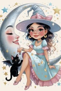 This pastel cartoon image features a cute witch with glasses and a light blue dress with pink accents, sitting on a smiling crescent moon and a little black cat with bat wings is on her left 