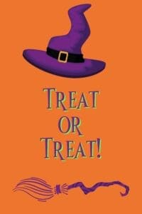 This image features a purple witch’s hat at the top and a purple broom at the bottom, with the quote, “Trick or Treat”, in the center on an bright orange background. - Cute Halloween Aesthetic Wallpapers