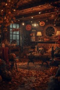 This image features a Witchy Vibes Halloween Decor Scene with vintage furniture and decorations, along with candles and soft lighting - Halloween Aesthetic Wallpaper Backgrounds
