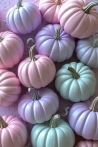 Halloween Aestehtic Wallpapers - This image features an assortment of small pumpkins laying together in pastel colors of pink, purple, and mint green.