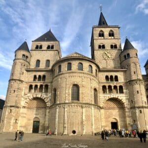 A stunning view of the Romanesque cathedral in Trier, Germany, showcasing intricate details.