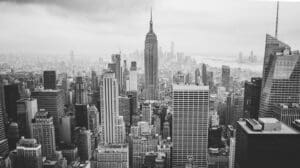This image features the New York City Skyline in black and white