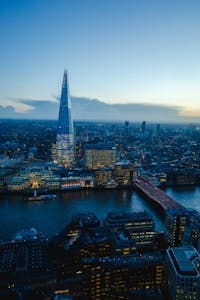 A stunning cityscape of London featuring The Shard and Thames River at twilight.