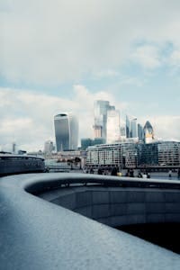 The skyline of London showcasing modern skyscrapers under a cloudy sky.
