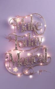 Pretty Words - This image features a soft purple background with the quote “Make Today Magical”, in glittery letters with whimsical string lights surrounding them