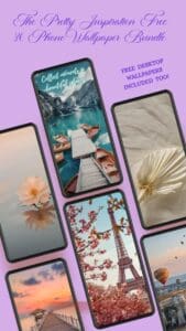 Free Pretty Inspiration Wallpapers Bundle - this image 6 different phone screens with varying wallpapers that include travel and aesthetic images.