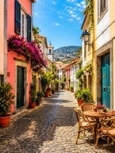 7 Dreamy European Destinations - This image features a lovely street in Funchal with a cobblestone walkway and colorful buildings on each side with flower boxes and a blue sky above and a mountain in the background. 