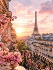 This image features a view of the Eiffel Tower in the background with pretty pink flowers on the left and a dreamy sky all around.