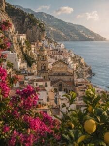 This image features a dreamy coastal scene of Amalfi with the cathedral in the center below, with the coastal water on the right, and pretty pink flowers on the left. 