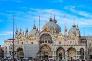 A stunning view of the historic St. Mark's Basilica in Venice, Italy, showcasing intricate architecture.