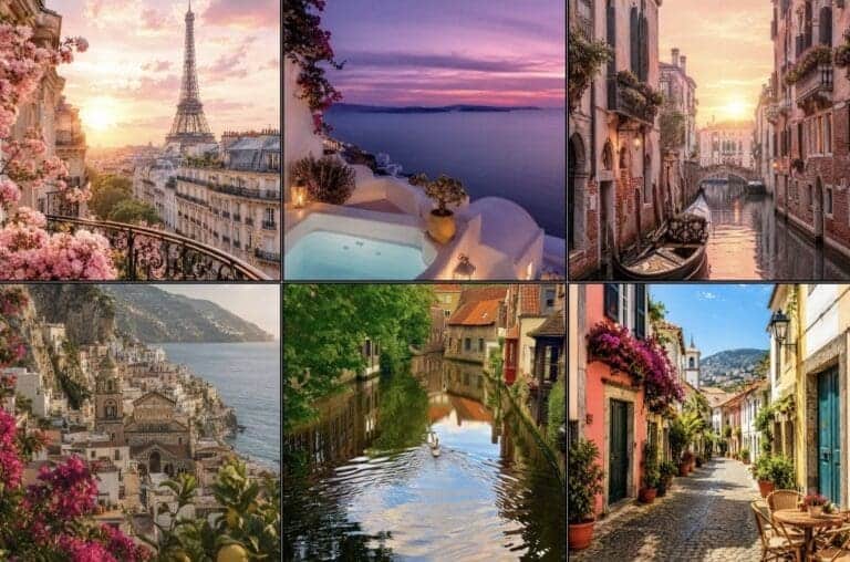 This image is for the title page. It features dreamy and colorful images of Paris, Santorini, Venice, Amalfi, Bruges, Funchal. It also includes the title, 7 Dreamy European Destinations.