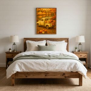 Frame Mockup of Farmhouse Bedroom with a Cream Vintage Truck at a Carnival Framed Print Above the Bed