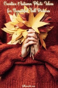 This image features a woman wearing an orange sweater holding a handful of colorful fall leaves