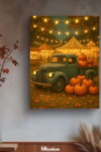 This image features a portrait of a Vintage Blue Truck with Pumpkins at Fall Carnival hanging on a gray wall.