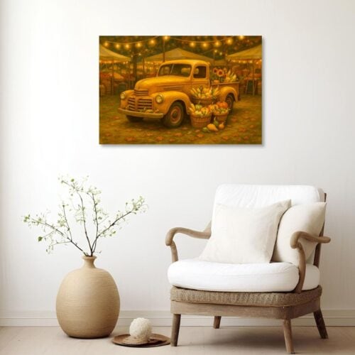 Yellow vintage pickup truck surrounded by pumpkins, gourds, corn, and sunflowers at a glowing autumn harvest market with string lights, vendor tents, and fallen leaves. This image is in a Framed Print on White Wall over a white chair