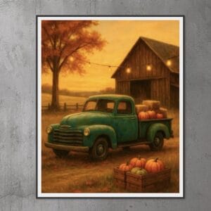 Framed teal vintage pickup truck fall artwork displayed on a gray wall, featuring pumpkins, hay bales, a rustic barn, glowing string lights, and a golden autumn sunset.