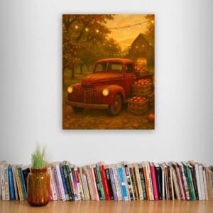 This image features a red truck with pumpkins at sunset in an apple orchard