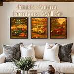 Title Image - Features a rustic living room with a white couch with three Vintage Truck Fall Prints, each in an individual frame, above. The title says, Printable Autumn Farmhouse Wall Art