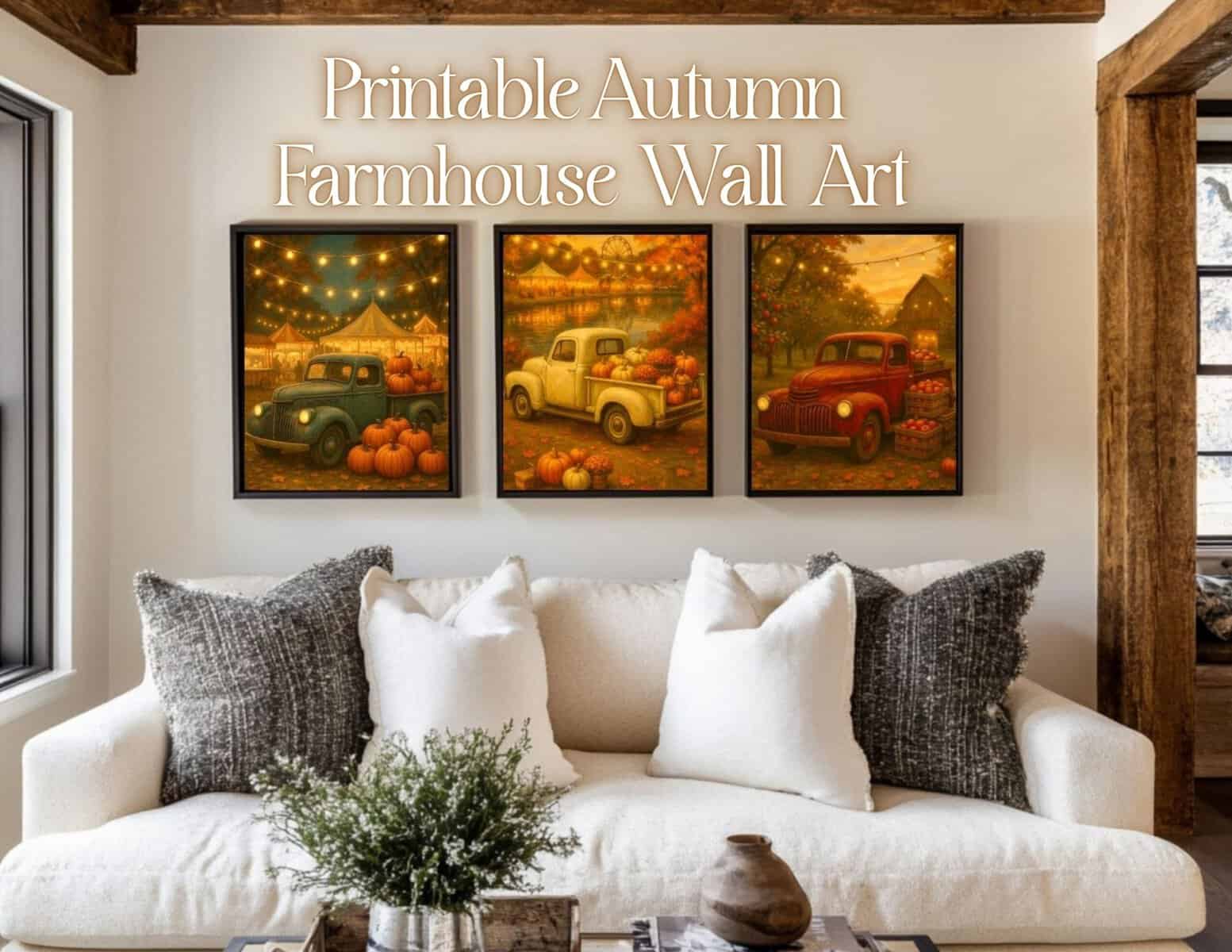 Title Image - Features a rustic living room with a white couch with three Vintage Truck Fall Prints, each in an individual frame, above. The title says, Printable Autumn Farmhouse Wall Art