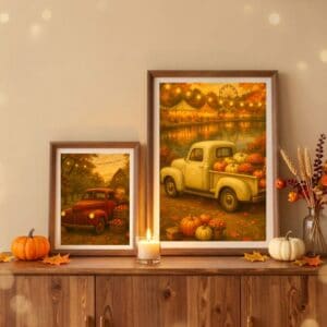Two Framed Vintage Truck prints sitting on sideboard.