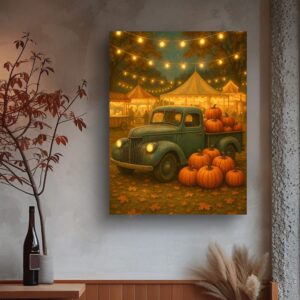 An art print of a Vintage blue pickup truck filled with pumpkins at a glowing autumn fair, surrounded by string lights, carnival tents, fallen leaves, and warm harvest scenery, hanging on a gray wall over a desk. 
